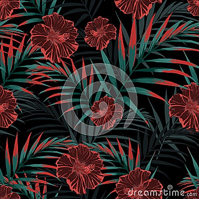 Vector seamless tropical pattern, vivid tropic foliage, with palm leaves, tropical hibiscus flower in bloom. Stock Photo