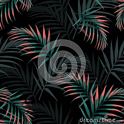 Vector seamless tropical pattern, vivid tropic foliage, with palm leaves Vector Illustration