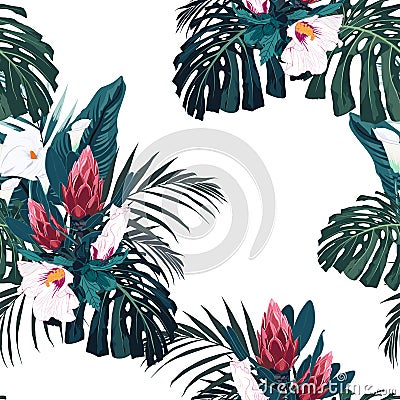 Vector seamless tropical pattern, vivid tropic foliage, with palm monstera, bananas leaves and hibiscus flowers. Vector Illustration