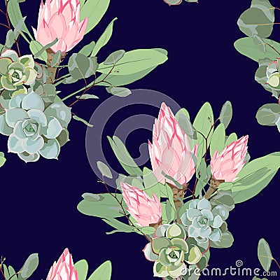 Vector seamless tropical pattern, vivid tropic foliage, with succulents, pink protea flower in bloom and dollar silver eucalyptus. Stock Photo
