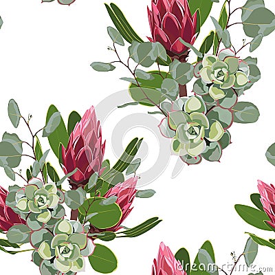 Vector seamless tropical pattern, vivid tropic foliage, with succulents, red protea flower in bloom and dollar silver eucalyptus. Stock Photo