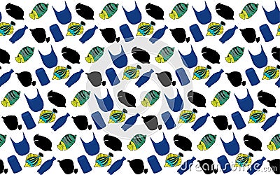 Vector Seamless Underwater Ecology Pattern Design with fishes, cans, plastic bags, bottles, Ecology Background, Ecology Wallpaper Stock Photo