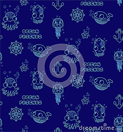 seamless underwater pattern with cute octopus, jellyfish, whale, squid, star, steering wheel, anchor Stock Photo