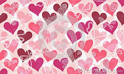 Vector seamless valentines pattern with pink hearts and white dotted butterflies in doodle style Vector Illustration