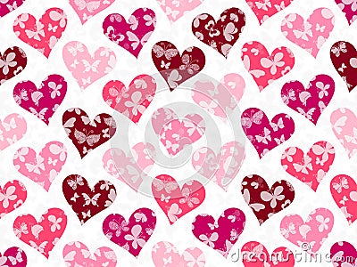 Vector seamless valentines pattern with rose hearts and white butterflies Vector Illustration