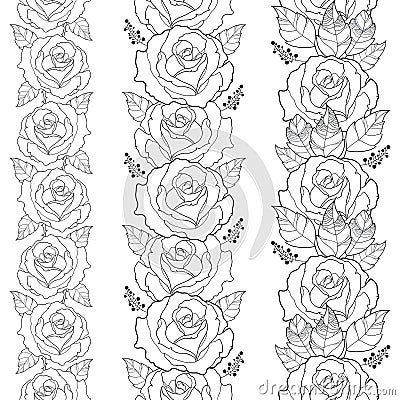 Vector seamless vertical border with outline rose flower and foliage in black isolated on white background. Floral pattern. Vector Illustration