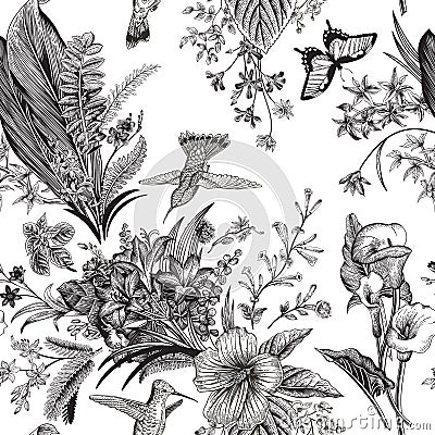 Vector seamless vintage floral pattern. Exotic flowers and birds. Vector Illustration