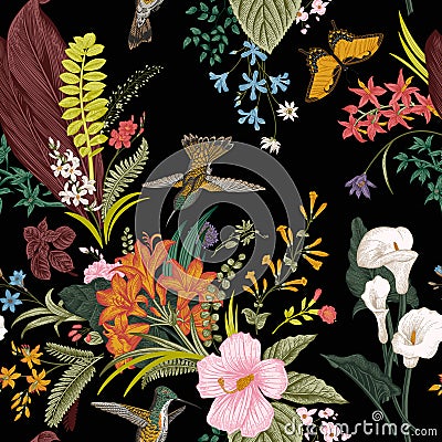 Vector seamless vintage floral pattern. Exotic flowers and birds. Vector Illustration