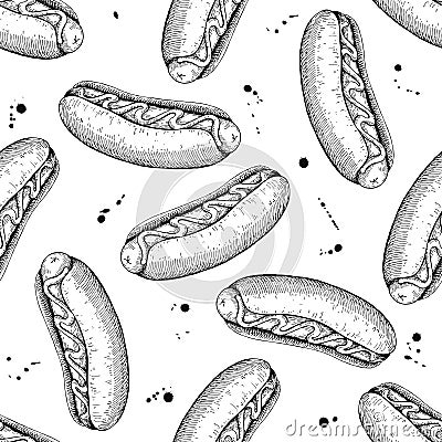 Vector seamless vintage hot dog pattern. Hand drawn monochrome f Vector Illustration