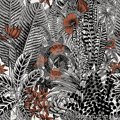 Vector seamless vintage pattern. Exotic flowers and plants. Vector Illustration