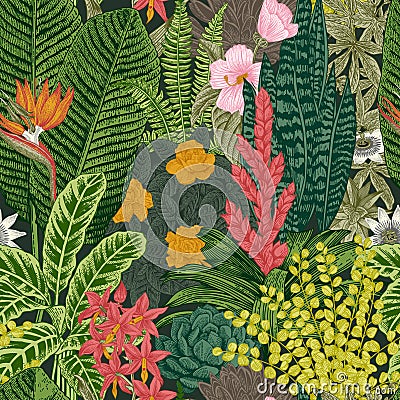 Vector seamless vintage pattern. Exotic flowers and plants. Vector Illustration