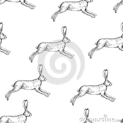 Vector seamless vintage pattern with running hare isolated on white. Black and white texture with hand drawn jumping rabbit. Vector Illustration