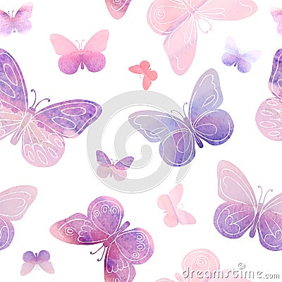 Vector seamless watercolor pattern - hand painted butterflies Vector Illustration