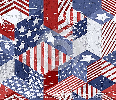 Vector seamless watercolor USA flag pattern. 3d isometric cubes background in american flag colors. Vector Illustration