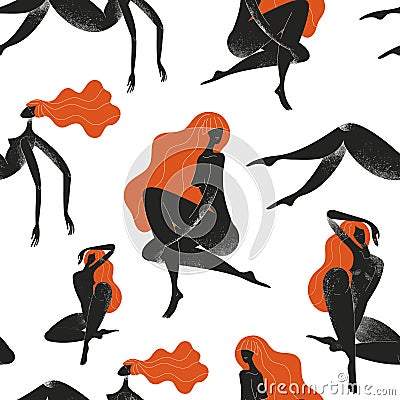 Vector seamless women silhouettes pattern, illustration. International Women`s Day. Black and red, graphic beauty, body Vector Illustration