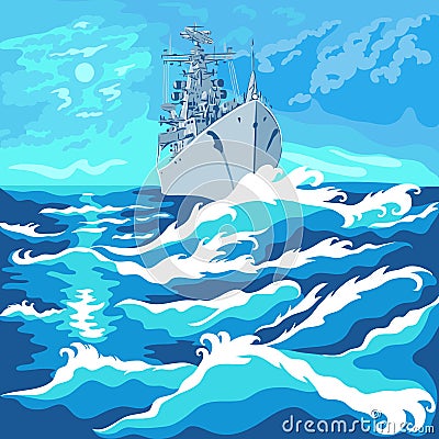 Vector seascape with a warship Vector Illustration