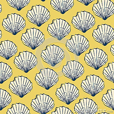 Vector seashell seamless pattern. Hand-drawn oysters and shells isolated on yellow background. Tasty food for design, print, Vector Illustration