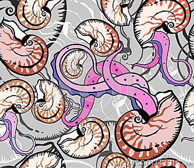 Vector seashells seamless pattern. Bright tentacles crawl out of the shells. Vector Illustration