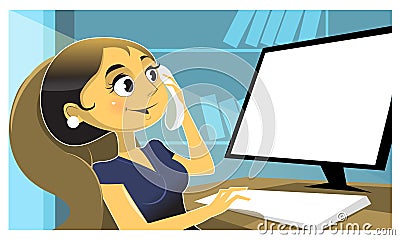 Vector secretary workplace flat illustration talking by phone Vector Illustration