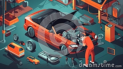 Vector sector showing a car mechanic doing engine maintenance. Stock Photo