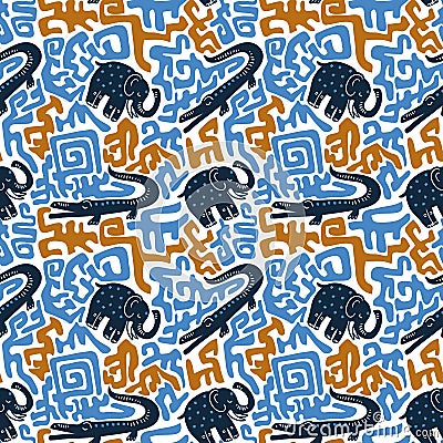 Vector semaless pattern with crocodiles and elephants. Tribal african design. Vector Illustration