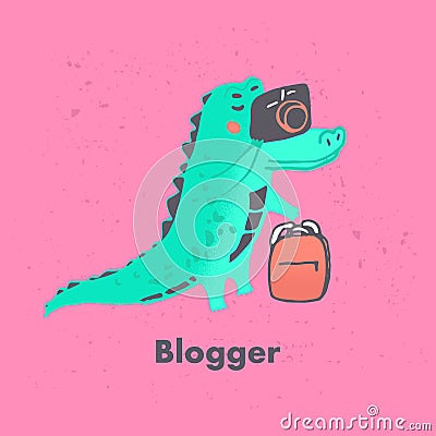 Vector semi flat illustration of green crocodile character who make a photo in cute freehand style. Cartoon Illustration