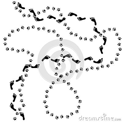 Vector semless pattern, set of human and animal, cat footprints icon. Vector Illustration