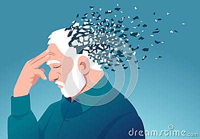 Vector of a senior man losing parts of head as symbol of decreased brain function Vector Illustration