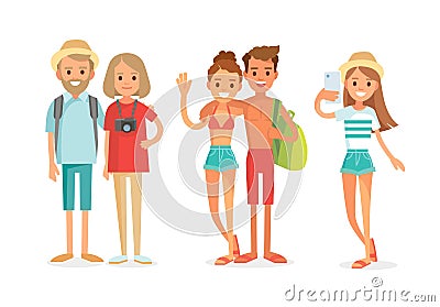 Vector senior, young traveling couples,pairs,mates,twosome traveling together Vector Illustration