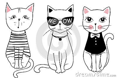 Vector series with cute fashion cats. Stylish kitten set. Vector Illustration