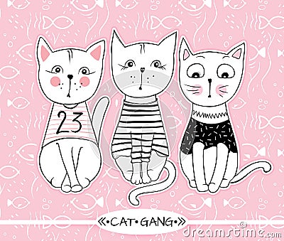 Vector series with cute fashion cats. Stylish kitten set. Trendy Vector Illustration