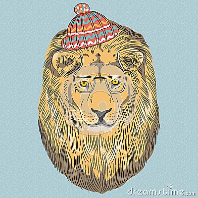 Vector serious cartoon hipster Lion Vector Illustration