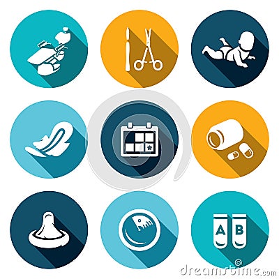 Vector Set of Abortion Icons. Equipment, Surgery, Birth, Monthly, Date, Medicine, Contraception, Diagnosis, Test. Vector Illustration