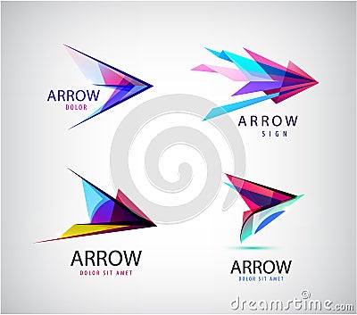 Vector set of abstract arrows, play logos. multicolor crystal pointer icons. Vector Illustration