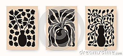 Vector set of abstract blossom flower posters. Trendy minimalistic aesthetic botanical wall arts with floral plants Vector Illustration