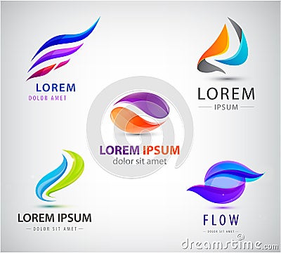 Vector set of abstract business logos. Flow, dual, 2 parts, unity dynamic logotypes, icons Vector Illustration