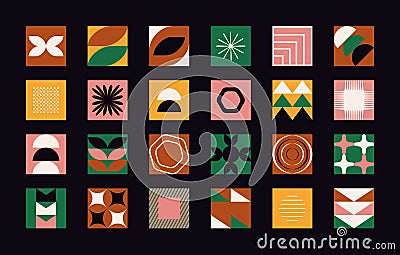 Vector set of abstract colorful minimalistic patchwork geometric elements. Contemporary simple various zigzag shapes, curves Vector Illustration
