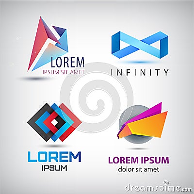 Vector set of abstract colorful ribbon, origami logos, paper, 3d ions, logos . Vector Illustration