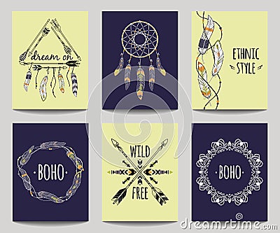 Vector set of abstract ethnic flyers with arrows, dreamcatcher Vector Illustration