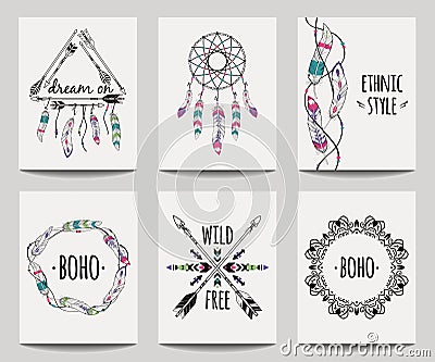 Vector set of abstract ethnic flyers with arrows, dreamcatcher, feather frames Vector Illustration