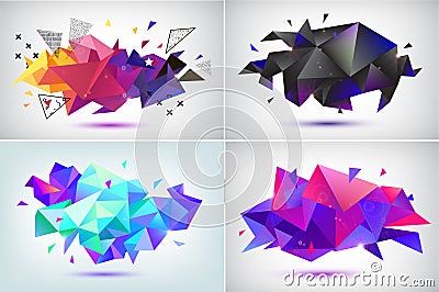 Vector set of abstract facet 3d shapes, geometric banners. Low poly triangle posters, modern concept background Vector Illustration