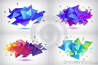 Vector set of abstract facet 3d shapes, geometric banners. Low poly triangle posters, modern concept background Vector Illustration