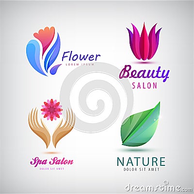 Vector set of abstract flower, spa, health care, wellness, resort logos design. Hands holding flower, lotus, leaf Vector Illustration