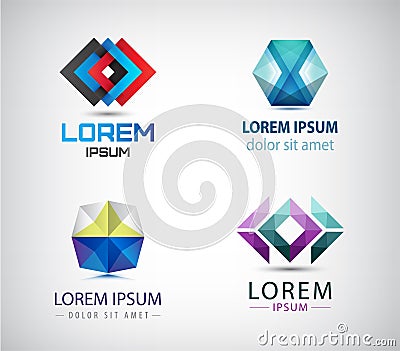 Vector set of abstract geometric 3d logos, shapes. Crystal facet origami Logo Collection. graphic design elements for Vector Illustration