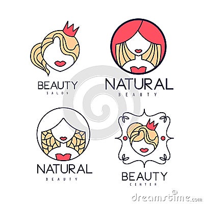 Vector set of abstract logos for beauty or hair salon. Linear labels for natural cosmetics. Geometric emblems with Vector Illustration