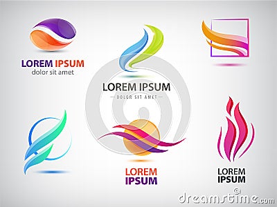 Vector set of abstract wavy energy, power, technology, fire logos. Solar Energy and Renewable Vector Illustration