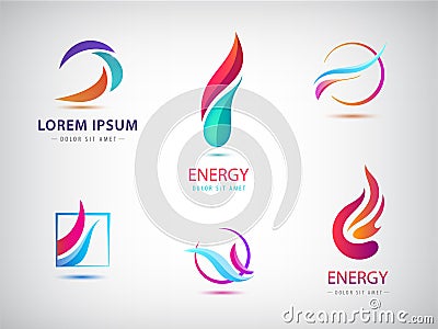 Vector set of abstract wavy energy, power, technology, fire logos. Solar Energy and Renewable Vector Illustration
