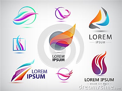 Vector set of abstract wavy energy, power, technology, fire logos. Solar Energy and Renewable Vector Illustration