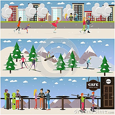 Vector set of active winter people posters in flat design Vector Illustration