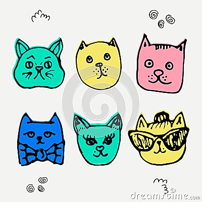 Vector set of adorable cats. Hand drawn style. Vector Illustration